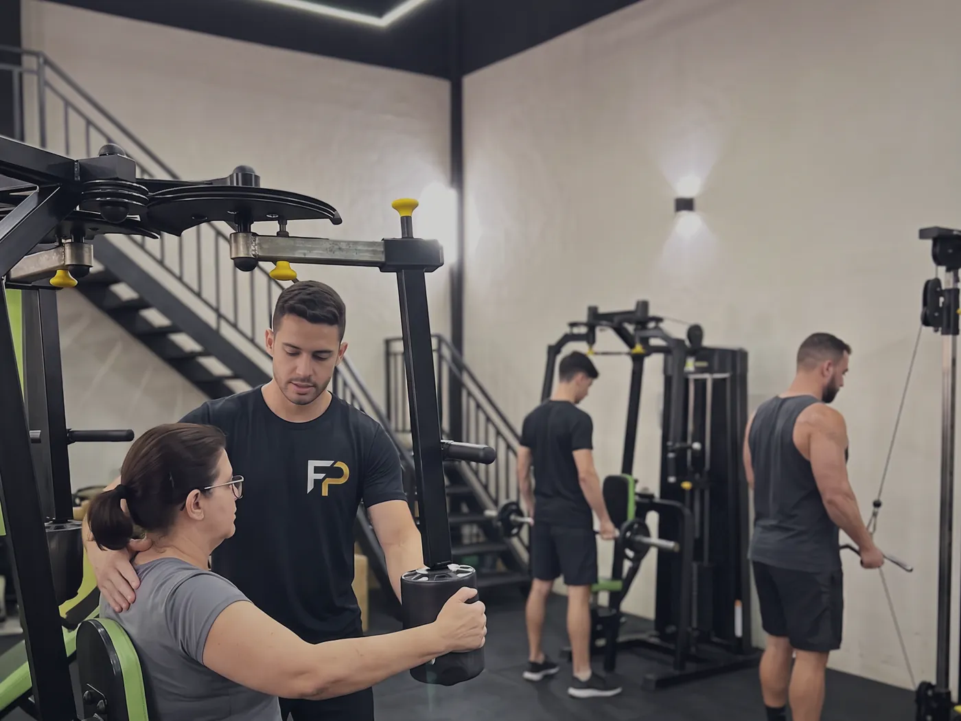 Sala de musculação da Unidade 2 — Centro, com professor acompanhando um aluno